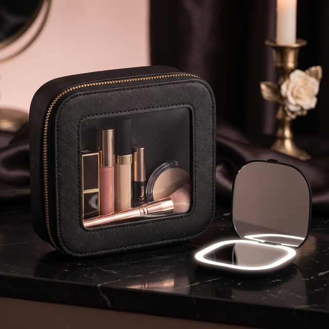 Midnight Mirror Clear Makeup Bag + LED Compact Mirror in 2Pack-Black Mirror – main product photo