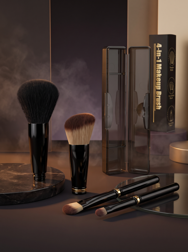 Midnight Touch 4-in-1 Travel Brush Set in balck-4 in 1 makeup brush – main product photo